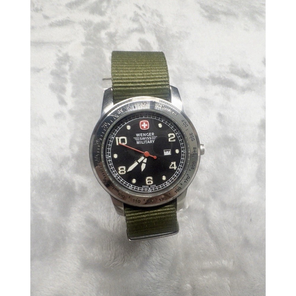 Wenger Swiss Military Mens 38mm Watch Black Dial Tachymeter New Battery Strap